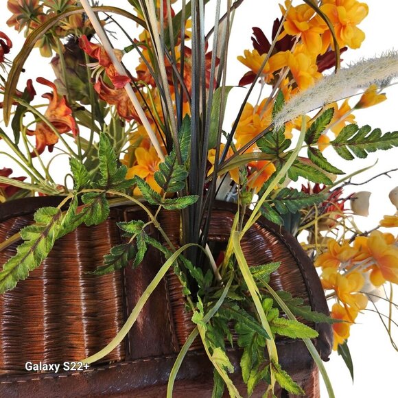 Artificial Floral Arrangement In Vintage Fishing Creel Wicker Basket With Leathe - Picture 10 of 14
